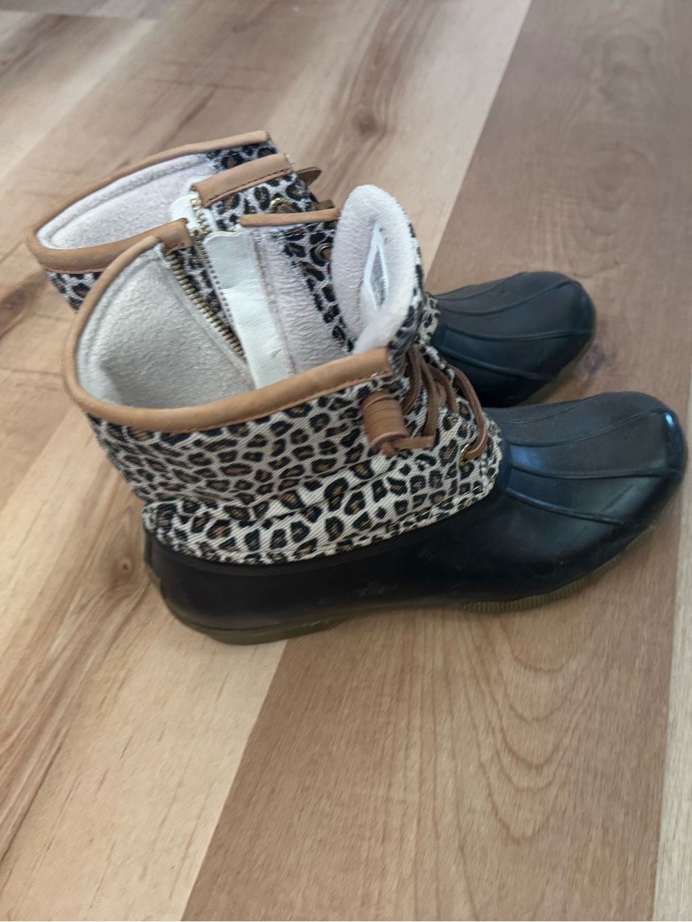 Sperry Leopard Print Duck Boots in Black and Brown